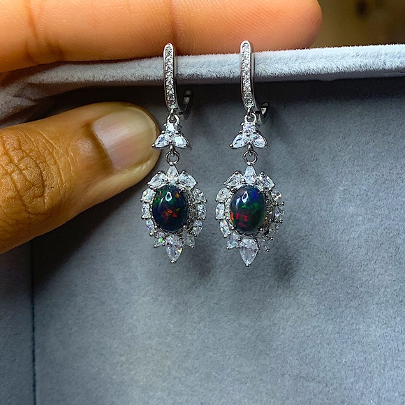 Natural Black Ethiopian Firestone Opal Earrings